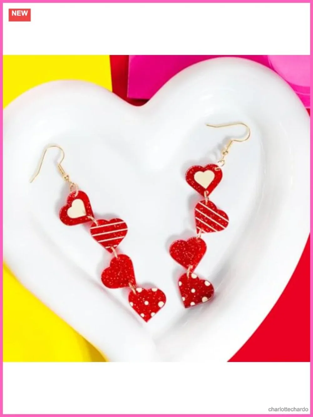 Glitter Valentine's Day Heart Drop Dangle Earrings Lightweight Acrylic